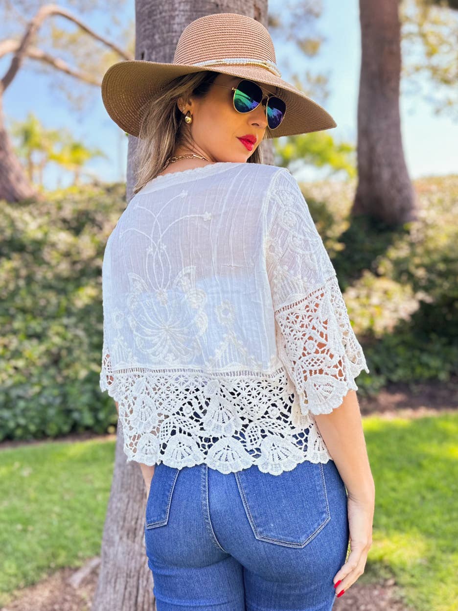 Ivory Boho Floral Lace Crochet Short Sleeve Cardigan