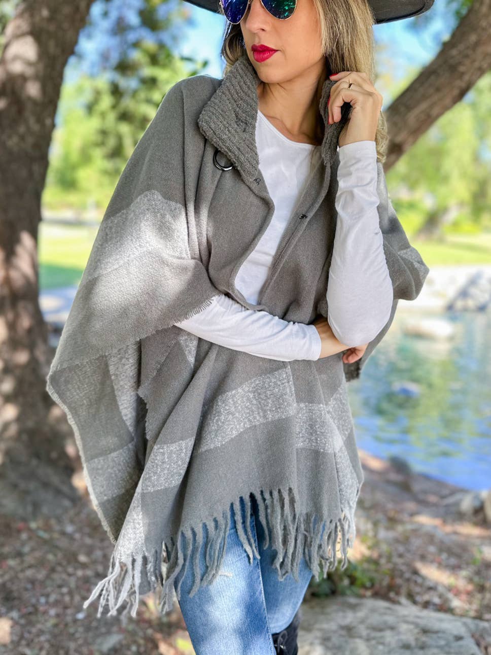 Grey Bold Border Knit Cape Poncho with Buckle Detail