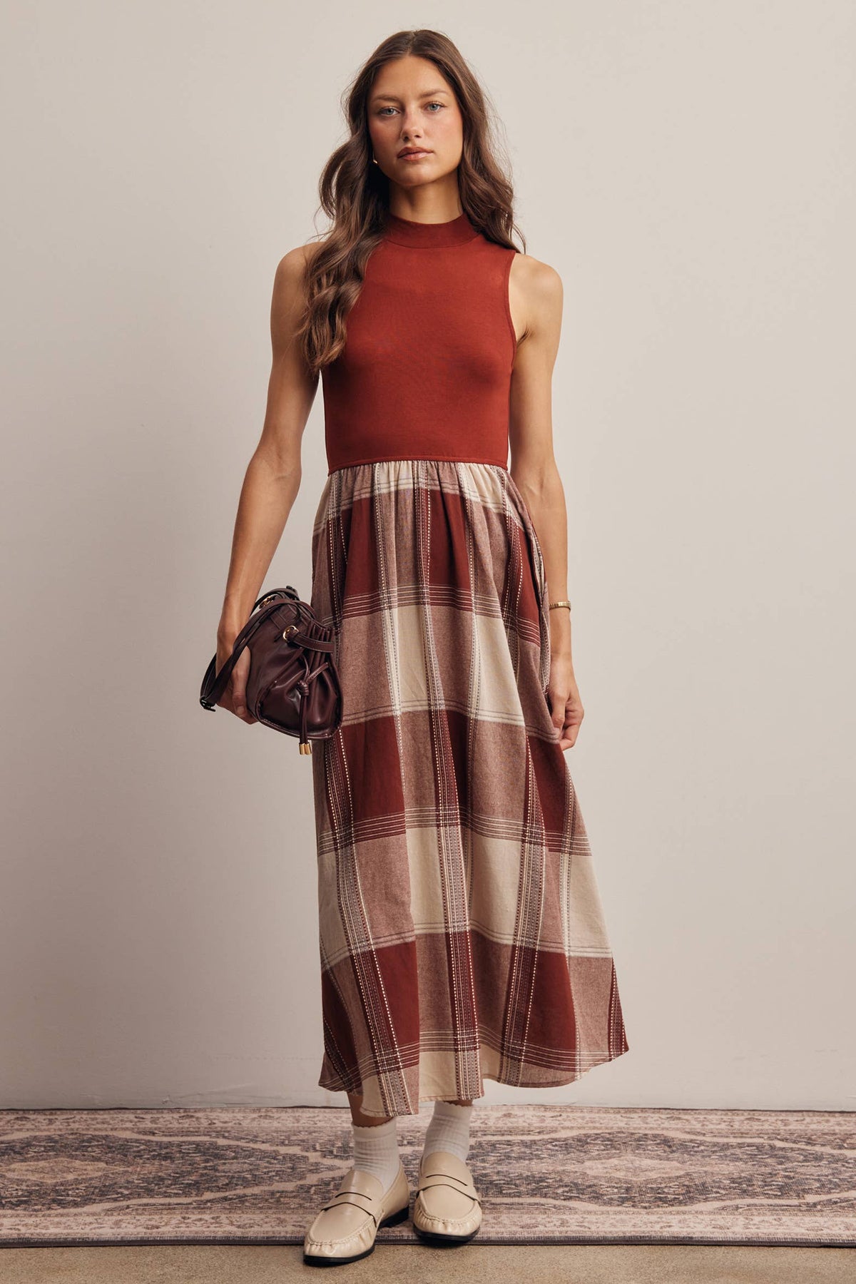 Mock Neck Mixed Media Plaid Midi Dress FD0068