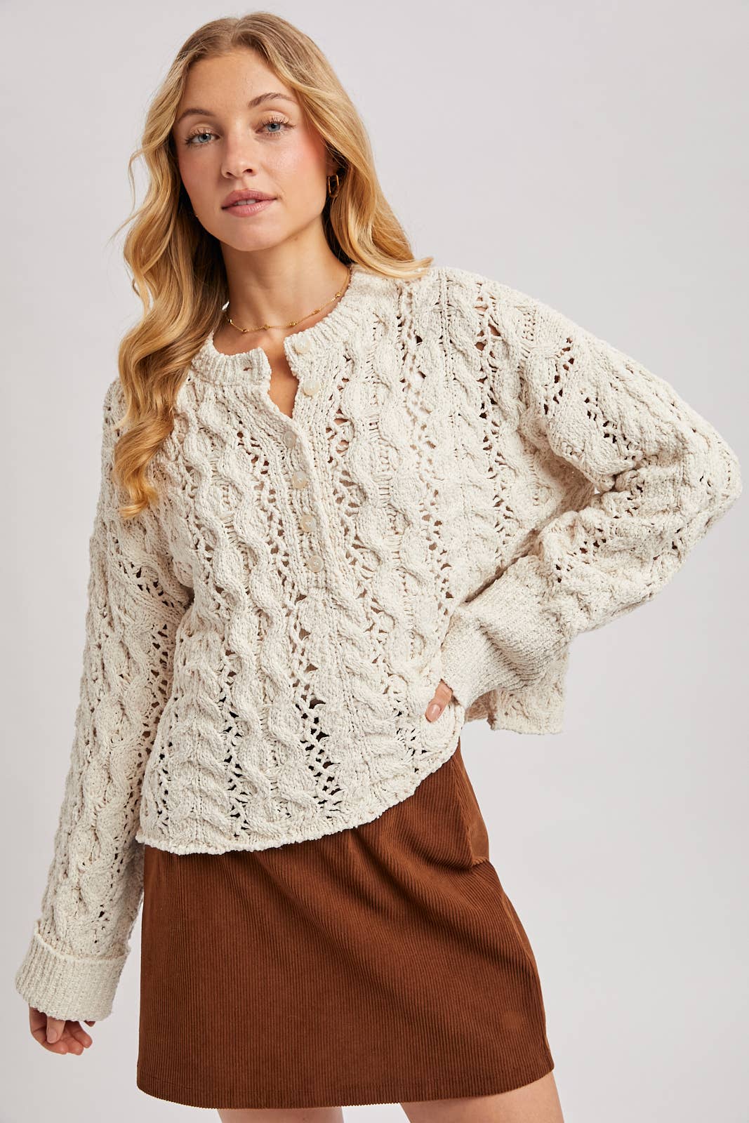 HALF-BUTTON DOWN OPEN KNIT SWEATER