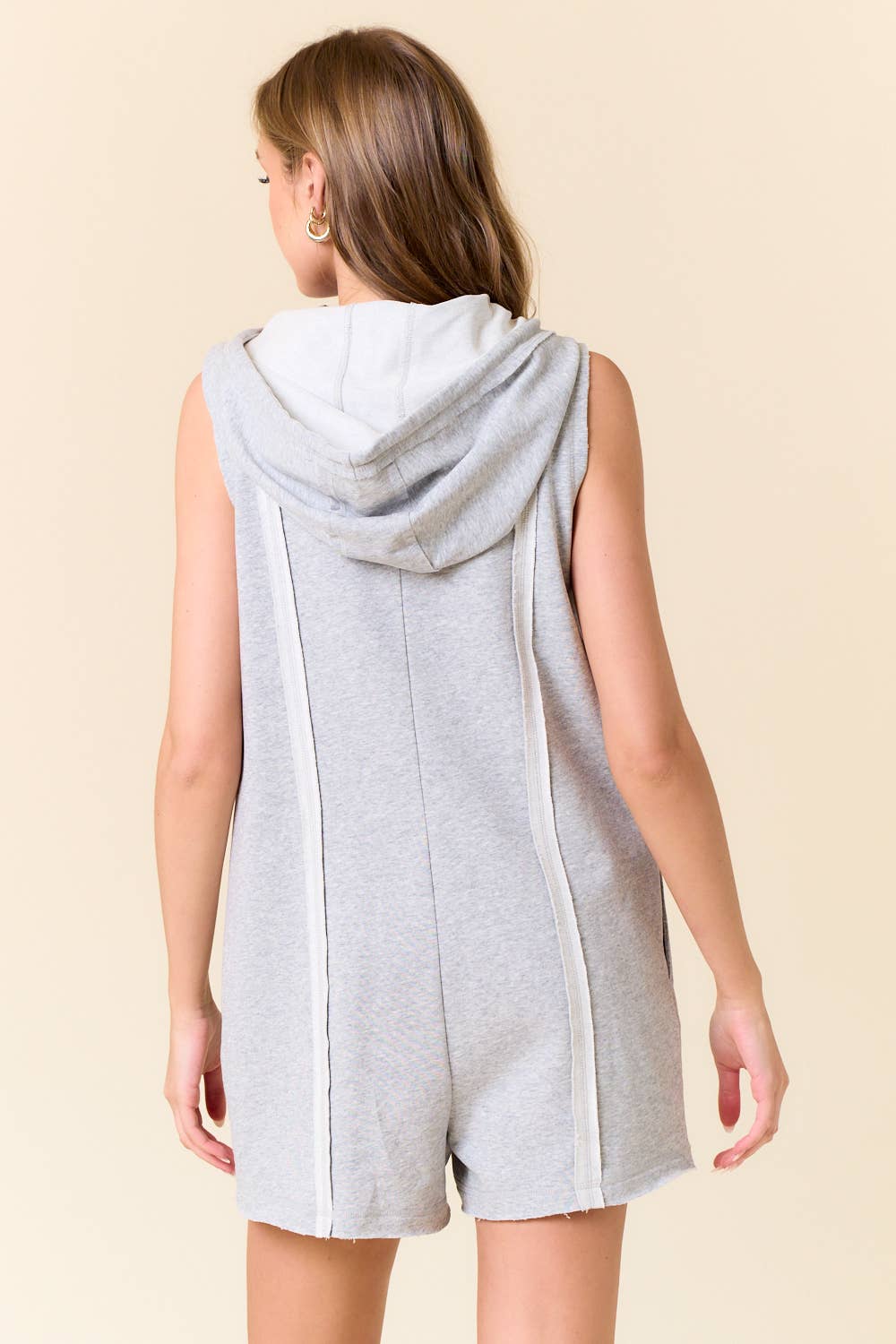 French Terry Zip-Front Sleeveless Hooded Romper