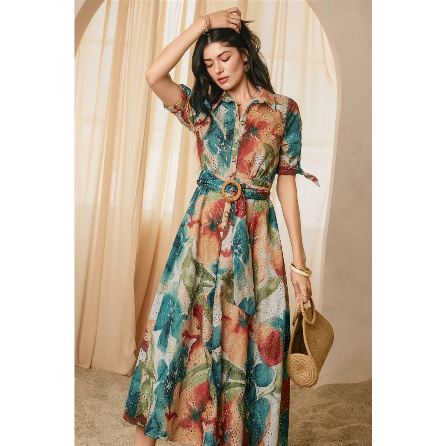 Sunset Whispers Eyelet Buckled Shirt Dress