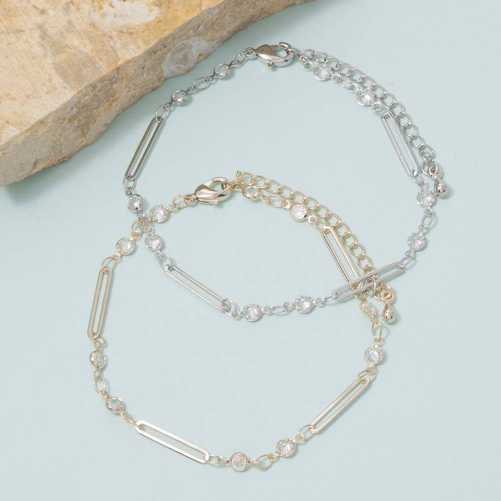 Bar & Round Cz Bezel Station Chain Bracelet