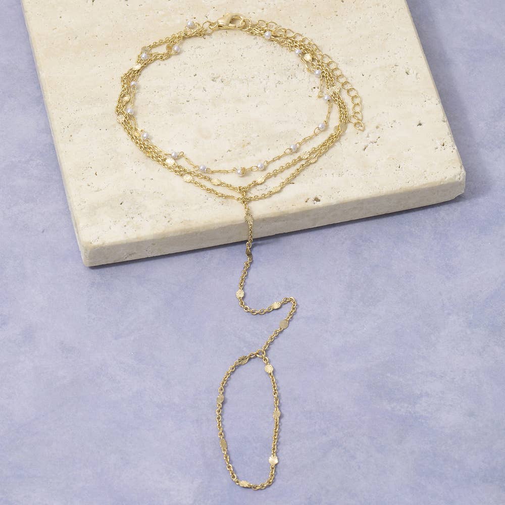 Layered Pearl Station Hand Chain Bracelet