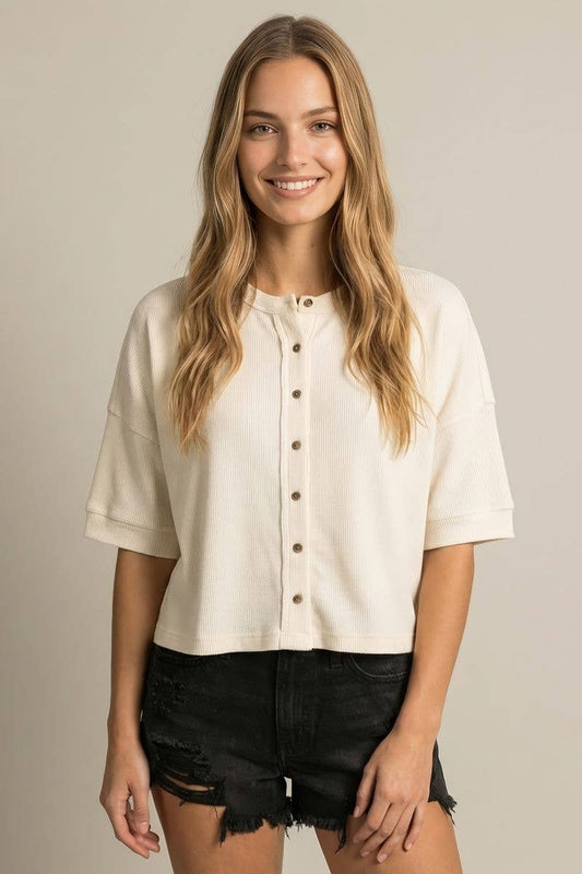 ROUND NECK BUTTON DOWN CARDIGAN STYLE BOXY KNIT TOP - 45700T