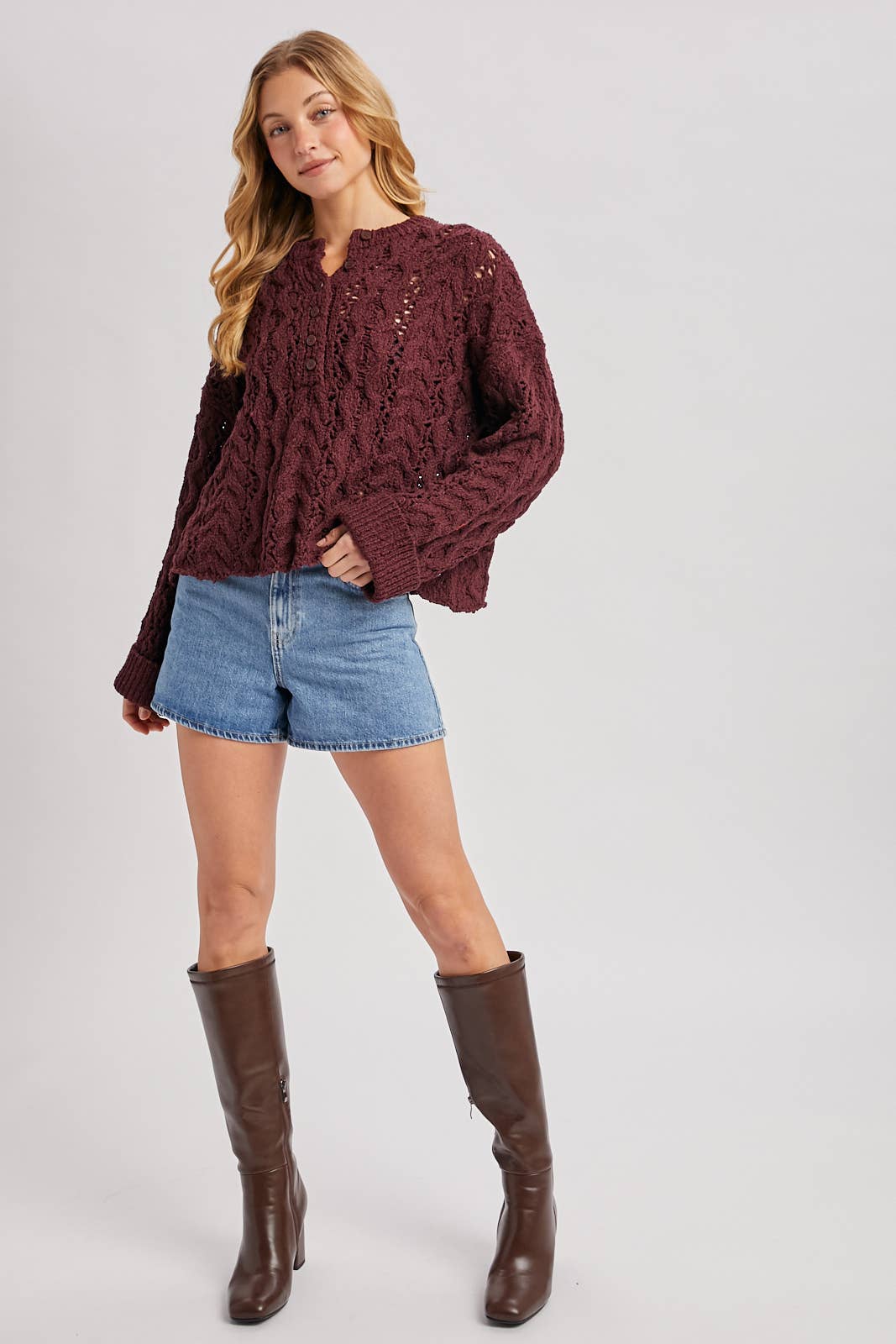 HALF-BUTTON DOWN OPEN KNIT SWEATER