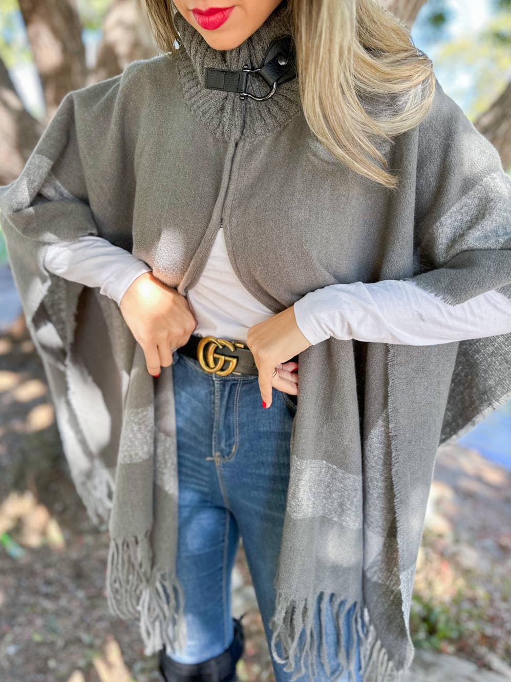Grey Bold Border Knit Cape Poncho with Buckle Detail