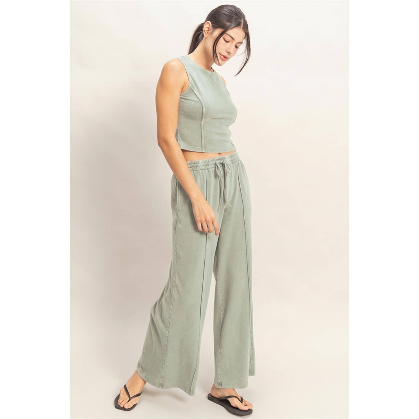 Mineral Washed Sleeveless Top & Wide Leg Pants Set