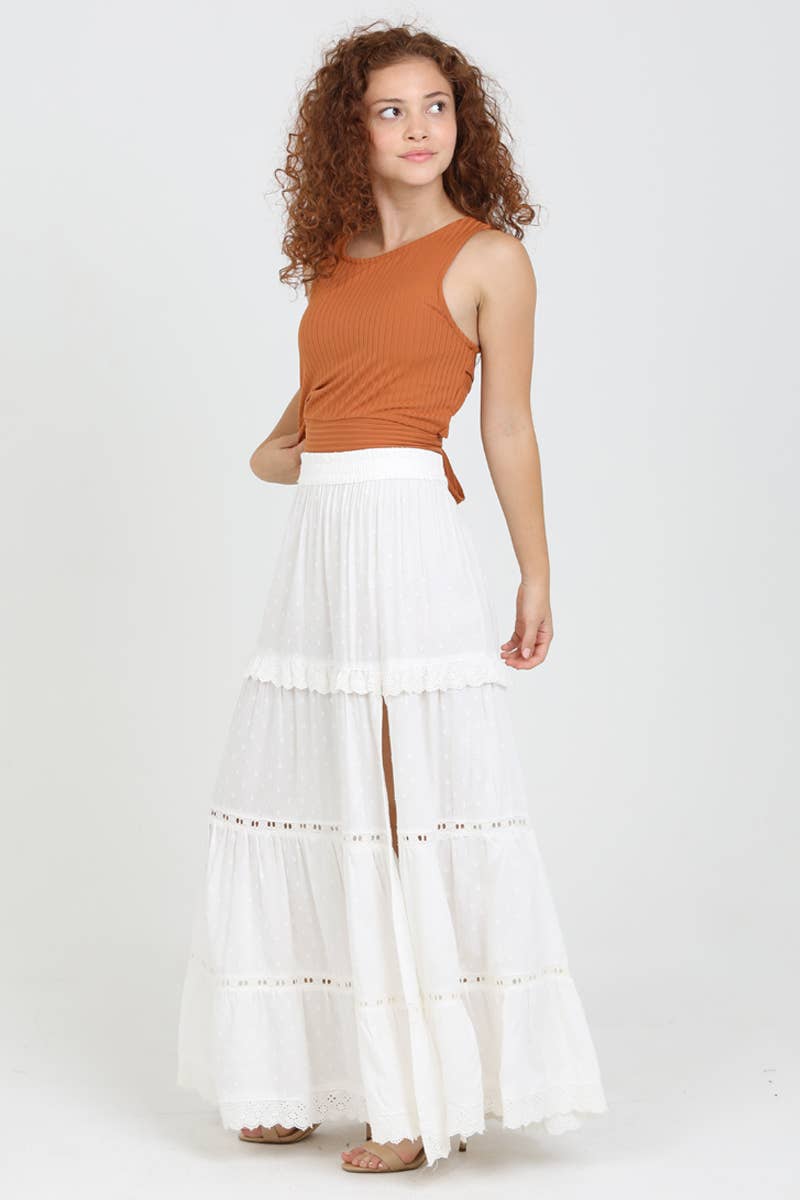 26P74-ASIS TIERED MAXI SKIRT WITH LACE TRIM AND SLIT