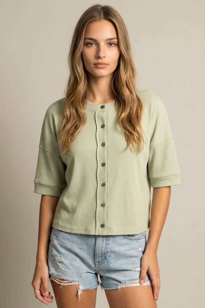 ROUND NECK BUTTON DOWN CARDIGAN STYLE BOXY KNIT TOP - 45700T