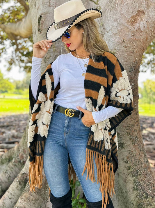 Brown Western Boho Fringe Ruana Cardigan