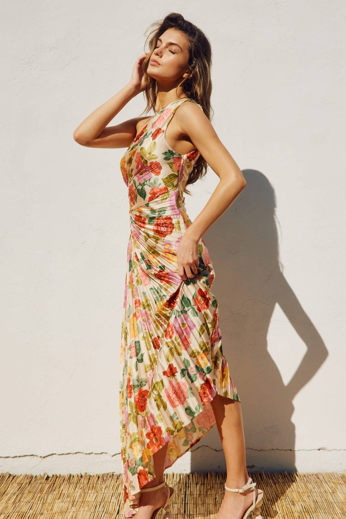 Floral One Shoulder Asymmetrical Pleated Dress