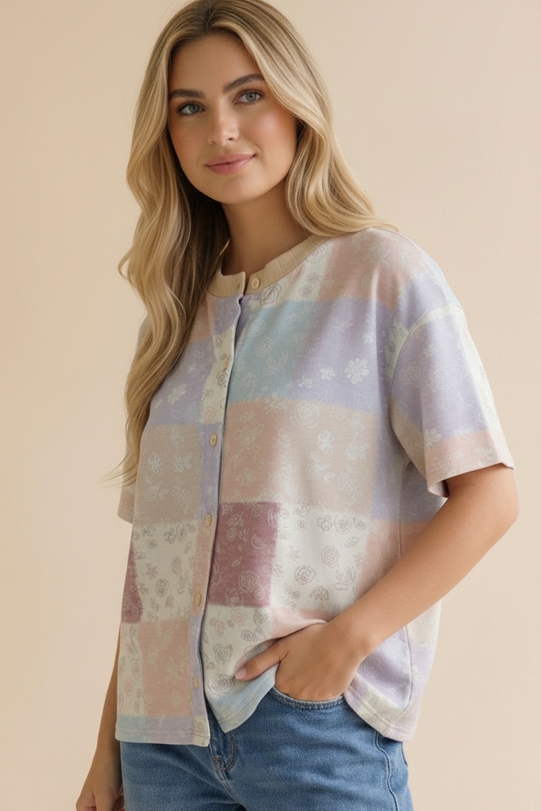 Crew Neck Button Down Patchwork Cardigan