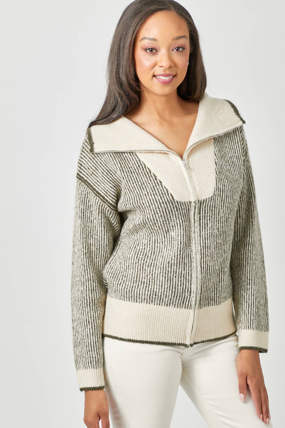 Stripe Ribbed Zip-Up Sweater