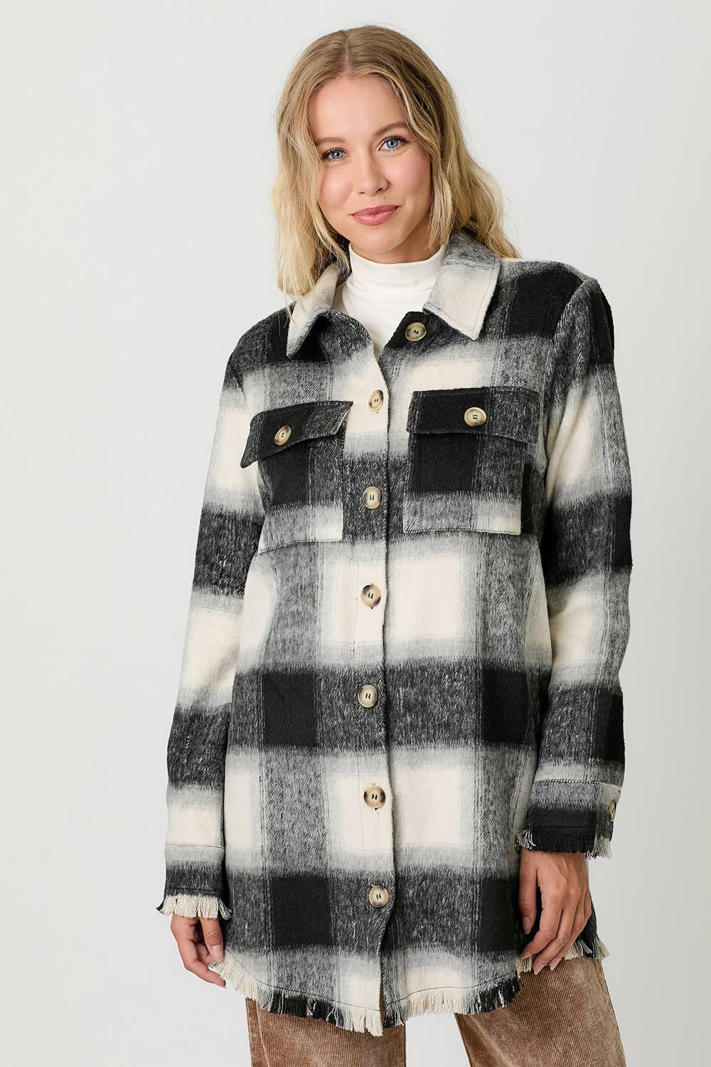 Fringe Detailed Long Plaid Jacket