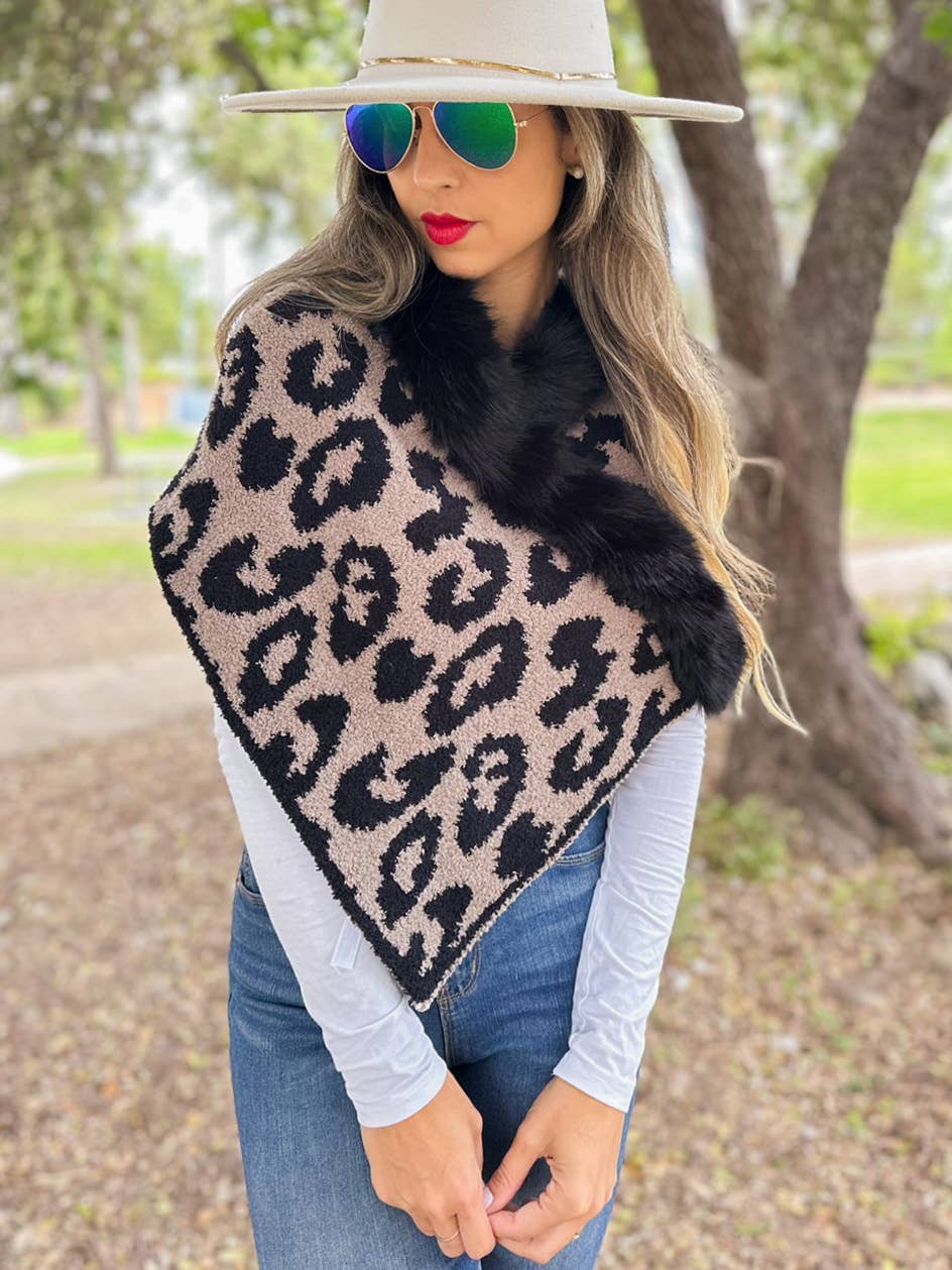 Coffee Brown Leopard Print Faux Fur Trim Knit Shawl Poncho