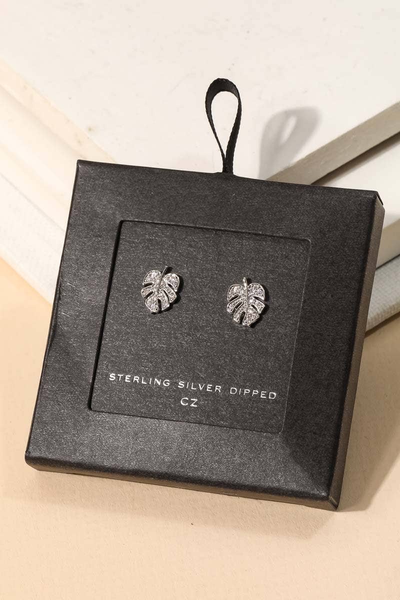 Secret Box Pave Monstera Leaf Stud Earrings