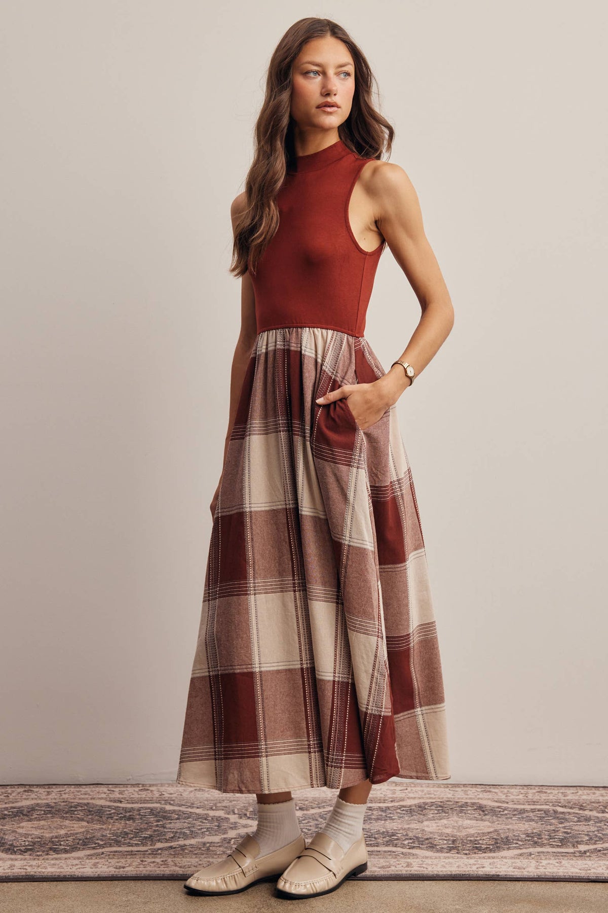 Mock Neck Mixed Media Plaid Midi Dress FD0068