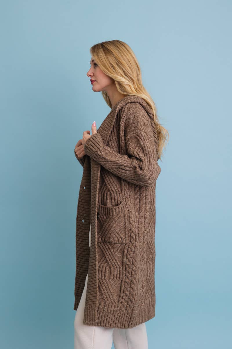 Cable Knit Hooded Cardigan with Large Buttons