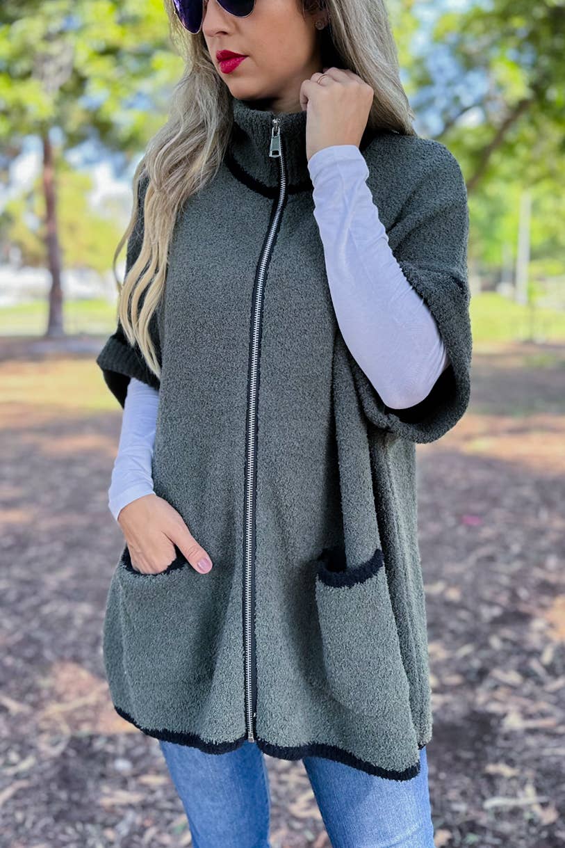 Olive Soft Knit Zip-Up Pocket Sweater Jacket