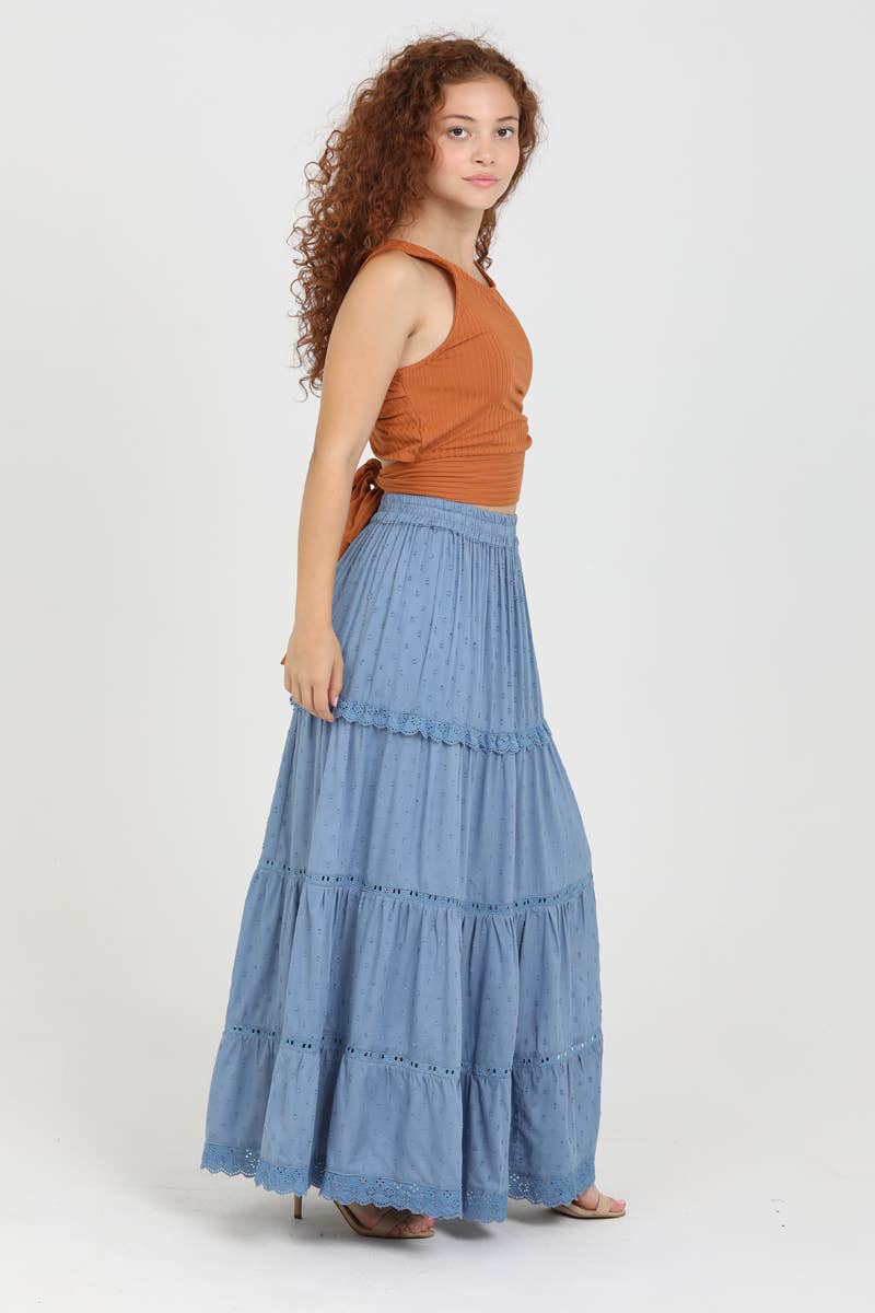 26P74-ASIS TIERED MAXI SKIRT WITH LACE TRIM AND SLIT