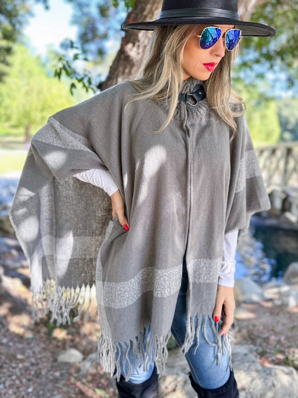 Grey Bold Border Knit Cape Poncho with Buckle Detail