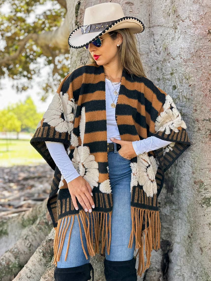 Brown Western Boho Fringe Ruana Cardigan