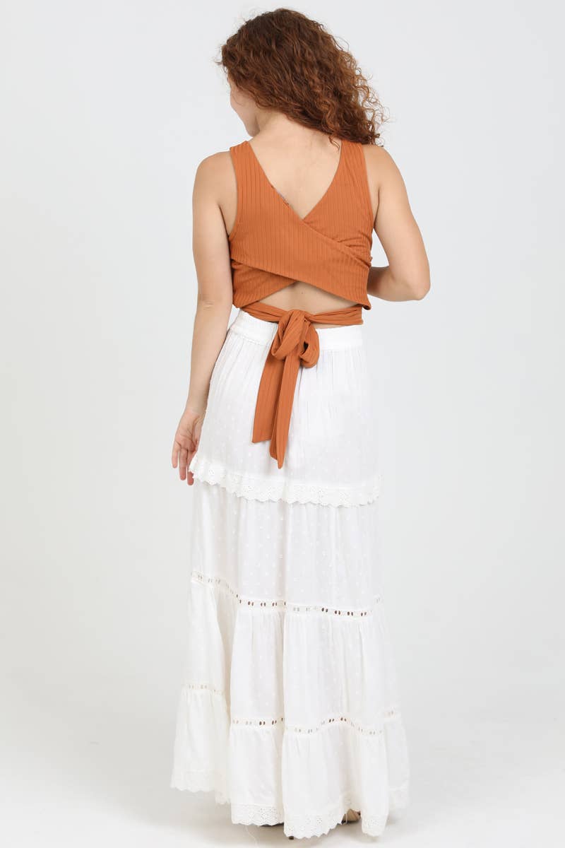 26P74-ASIS TIERED MAXI SKIRT WITH LACE TRIM AND SLIT