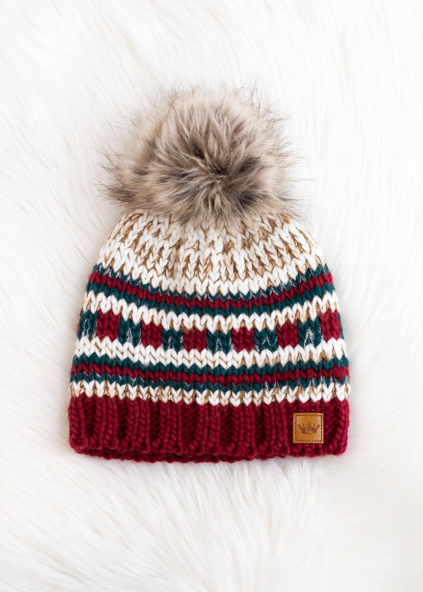 Beige, Red & Green Striped Pom Hat