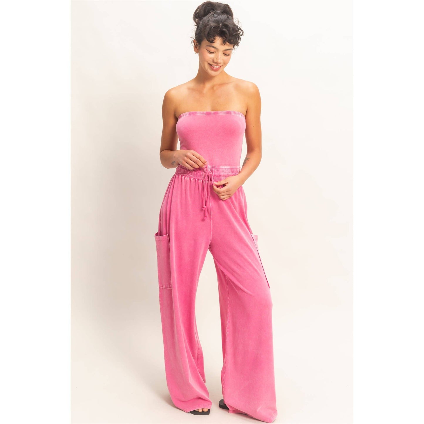 Mineral Wash Strapless Wide-Leg Jumpsuit