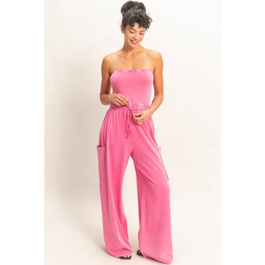 Mineral Wash Strapless Wide-Leg Jumpsuit
