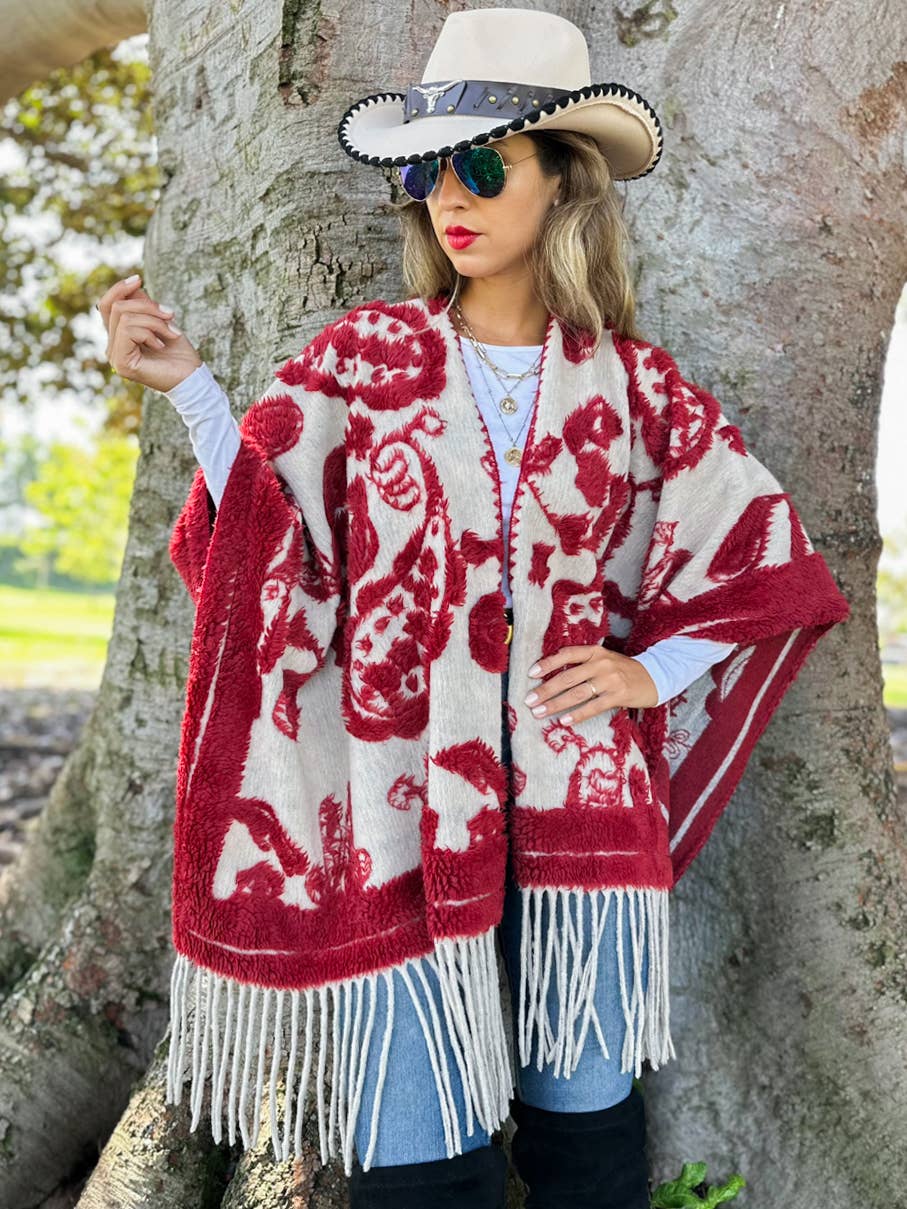 Red Western Boho 3D Fringe Ruana Cardigan
