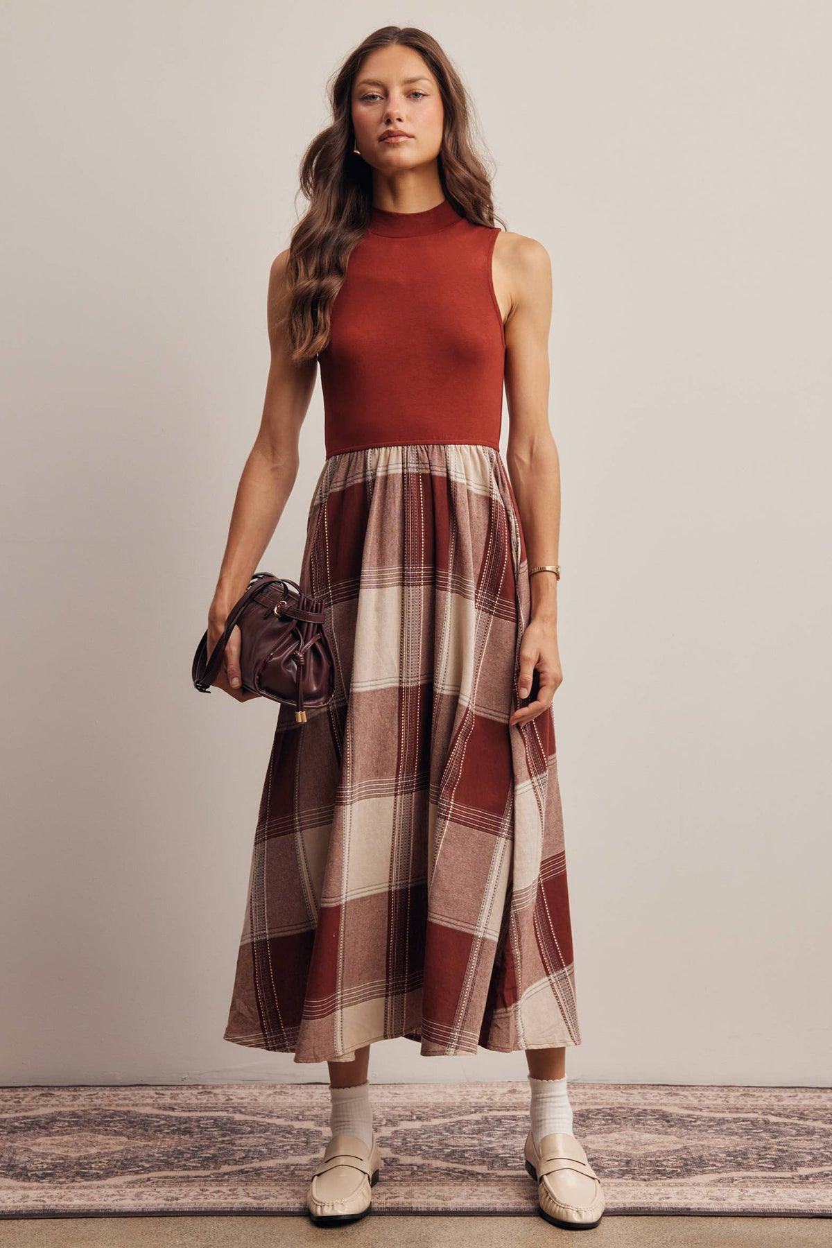 Mock Neck Mixed Media Plaid Midi Dress FD0068