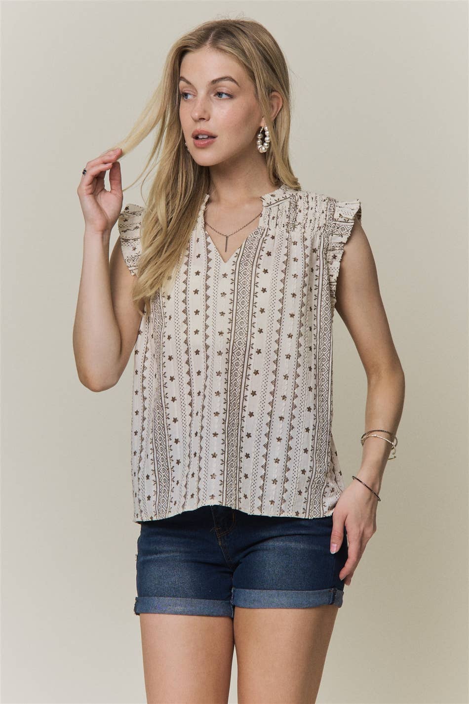 BOHO PRINT RUFFLE CAP SLEEVE BLOUSE - CET4357