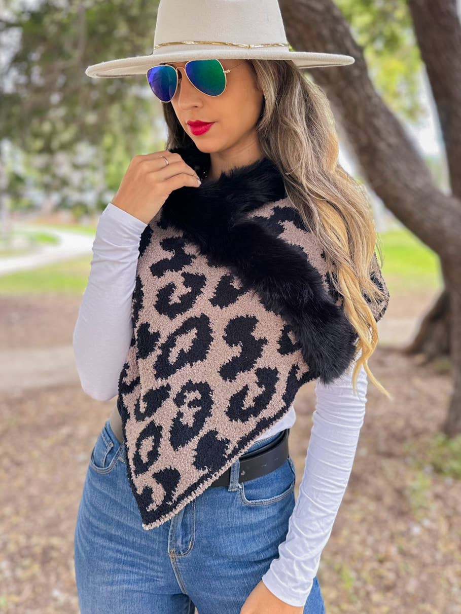 Coffee Brown Leopard Print Faux Fur Trim Knit Shawl Poncho