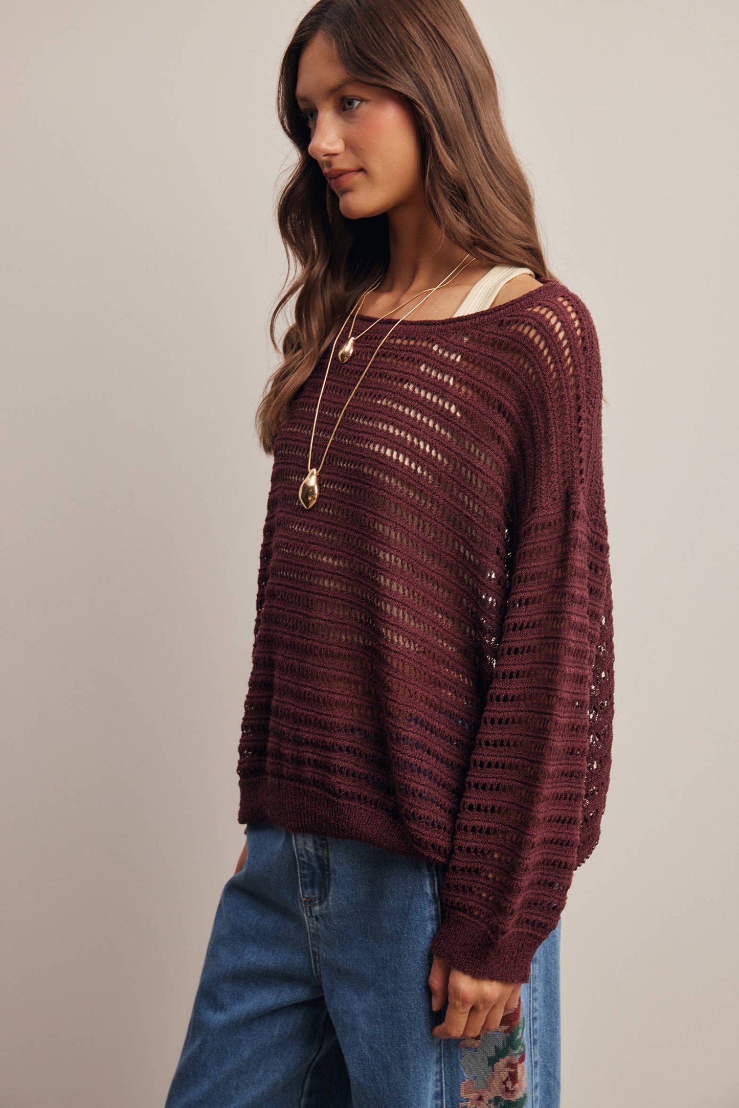 Open-Knit Stripe Sweater Top
