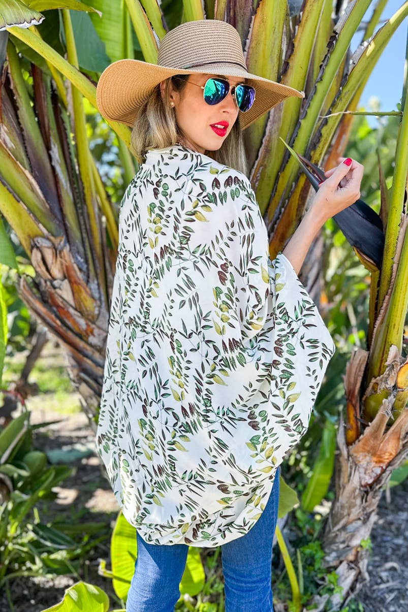 White Multi Leaves Printed Chiffon Shrug Kimono Cover Up