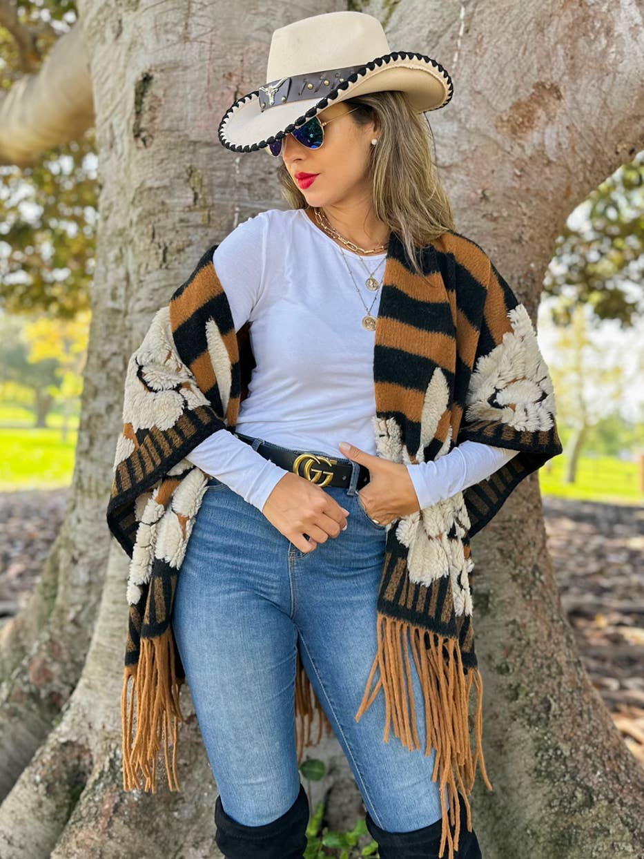 Brown Western Boho Fringe Ruana Cardigan