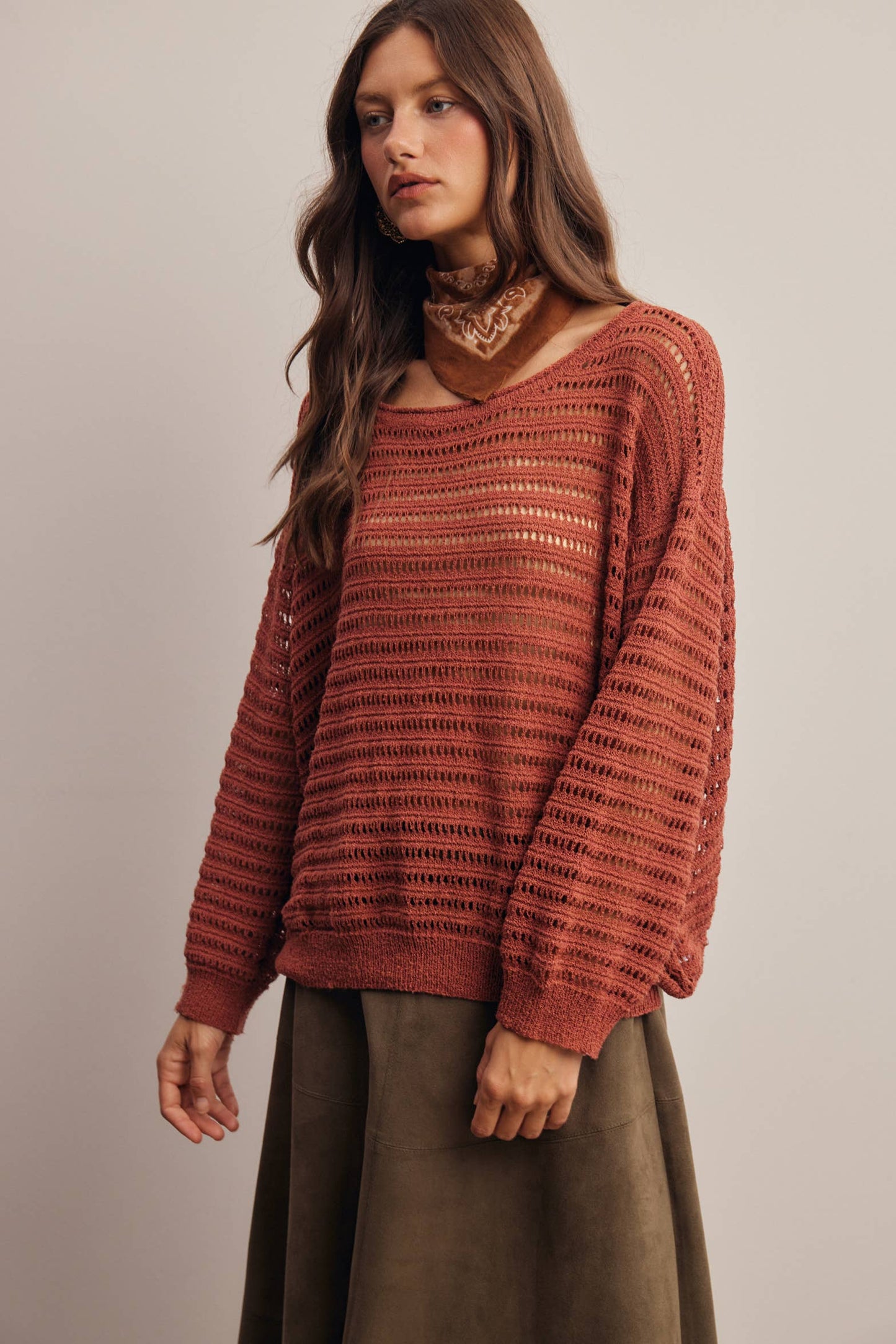 Open-Knit Stripe Sweater Top