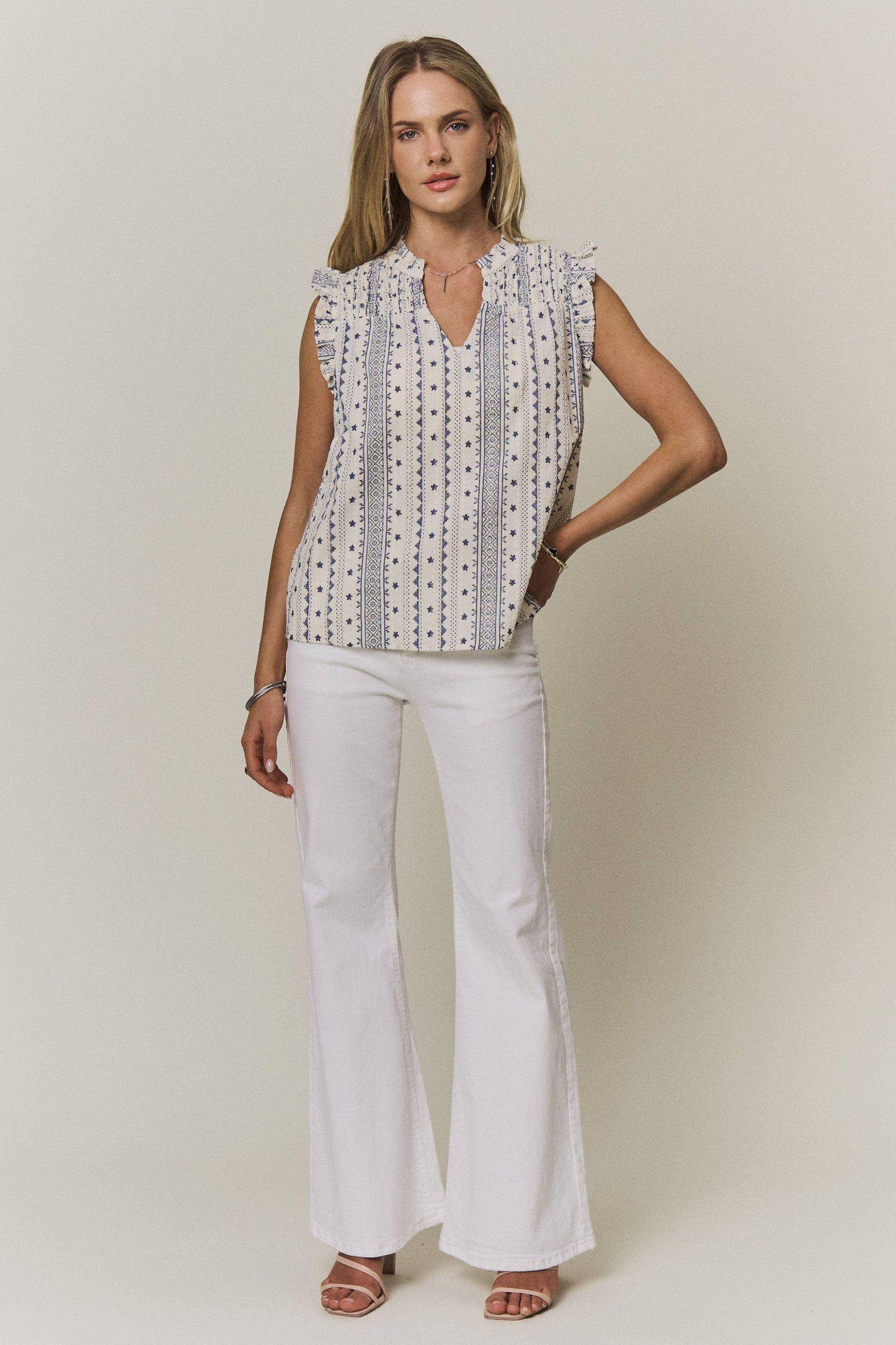 BOHO PRINT RUFFLE CAP SLEEVE BLOUSE - CET4357