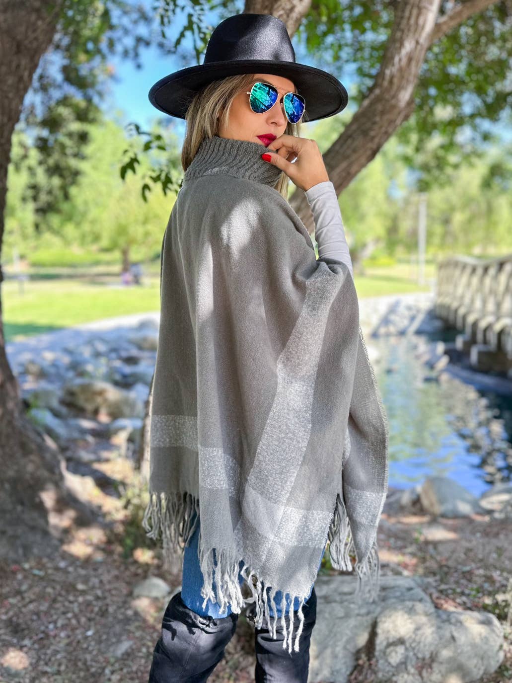 Grey Bold Border Knit Cape Poncho with Buckle Detail