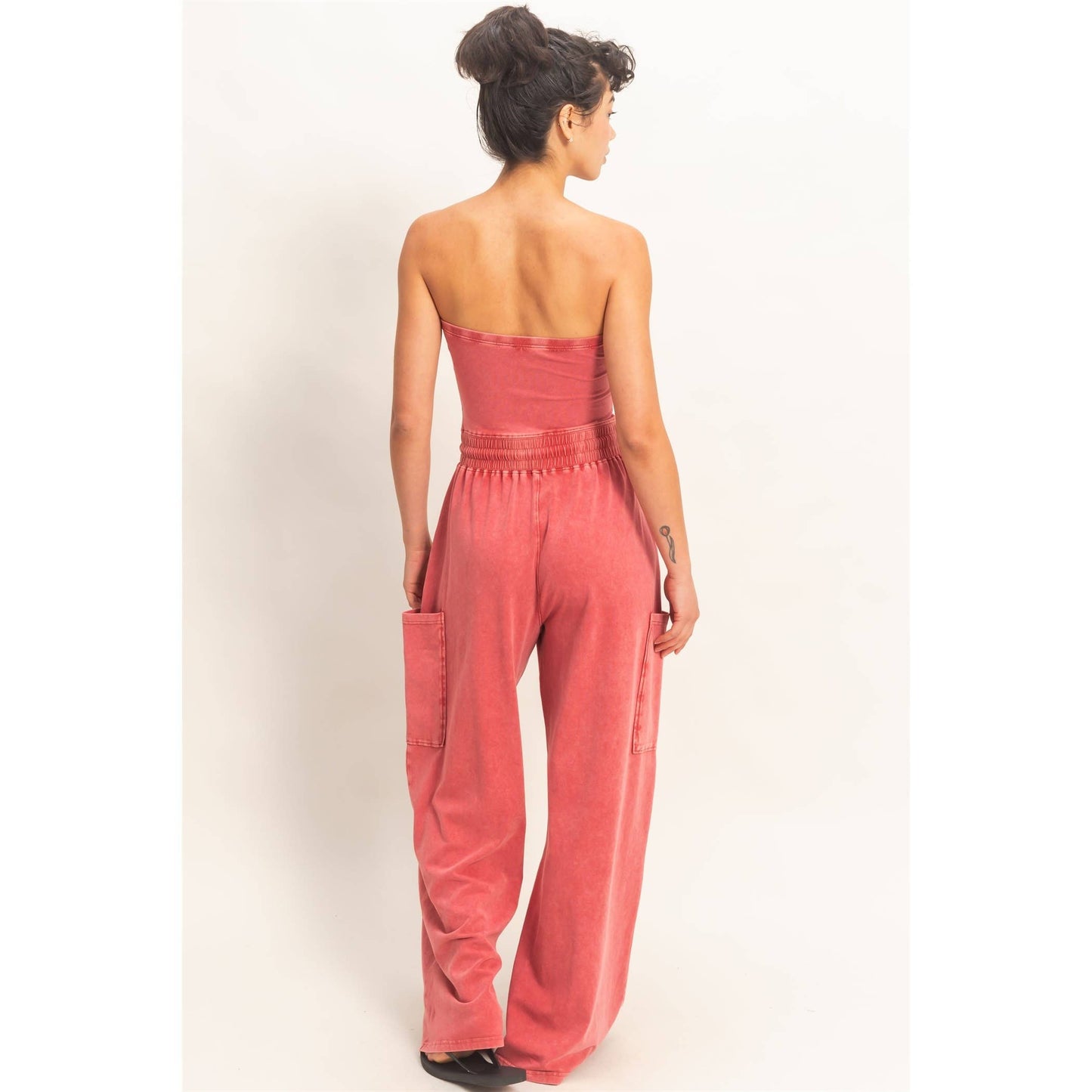 Mineral Wash Strapless Wide-Leg Jumpsuit