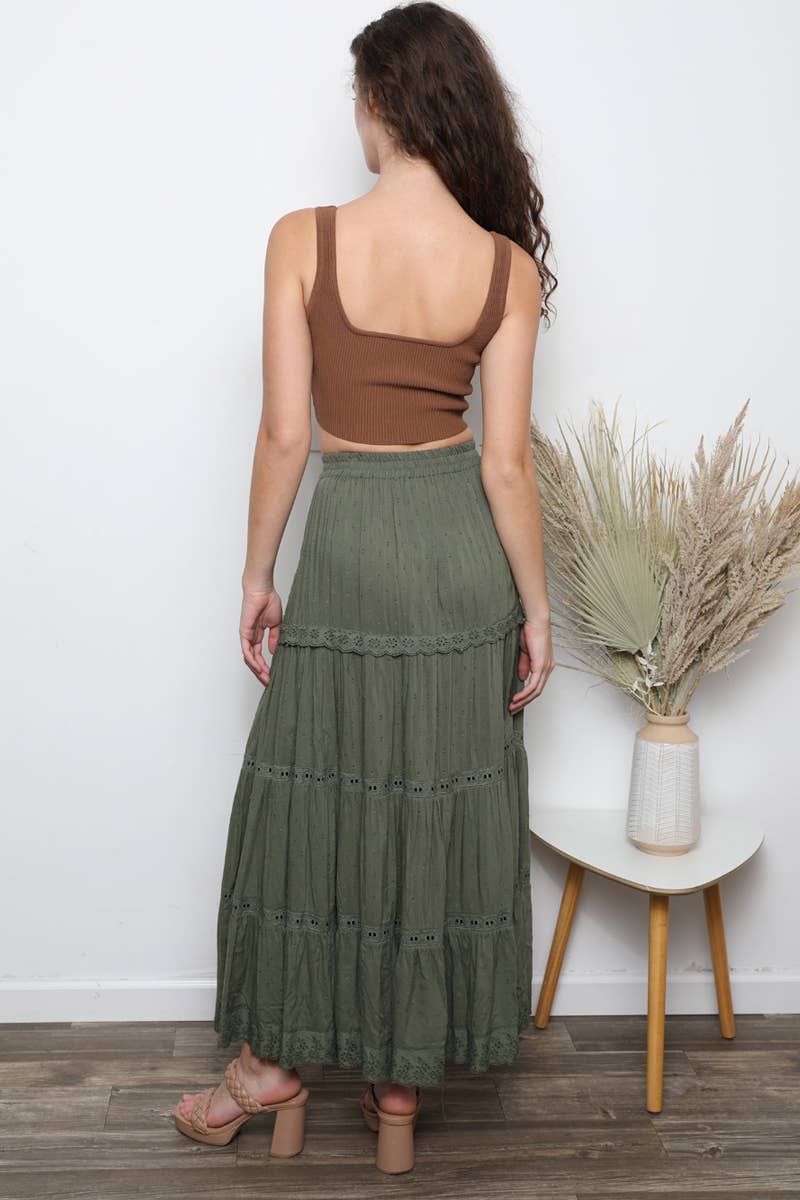 26P74-ASIS TIERED MAXI SKIRT WITH LACE TRIM AND SLIT