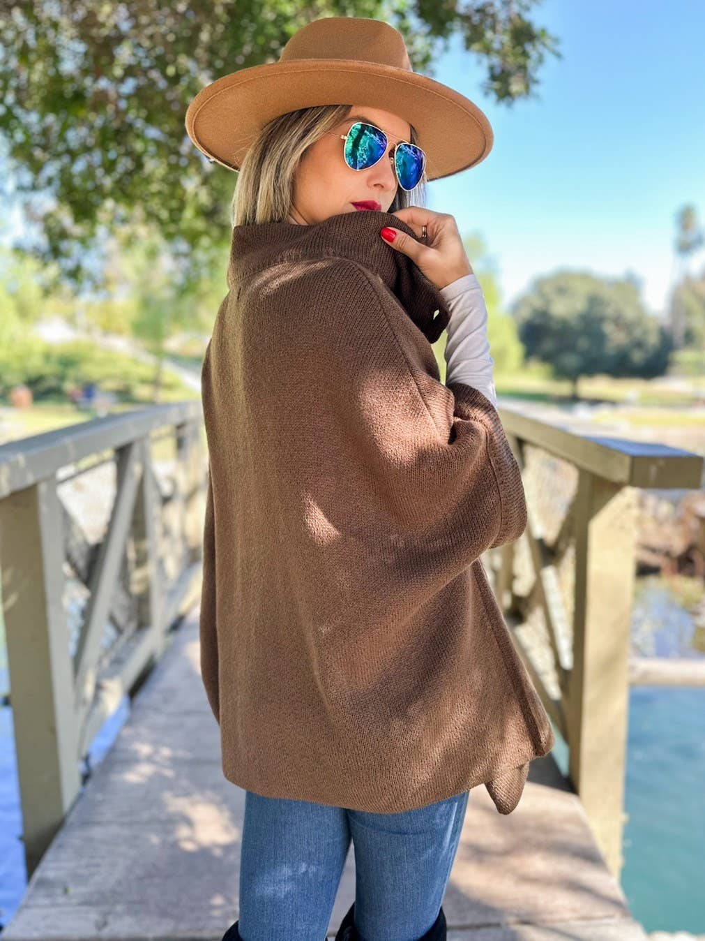 Button Neck Knit Cape Ruana Cardigan – Cozy Wrap
