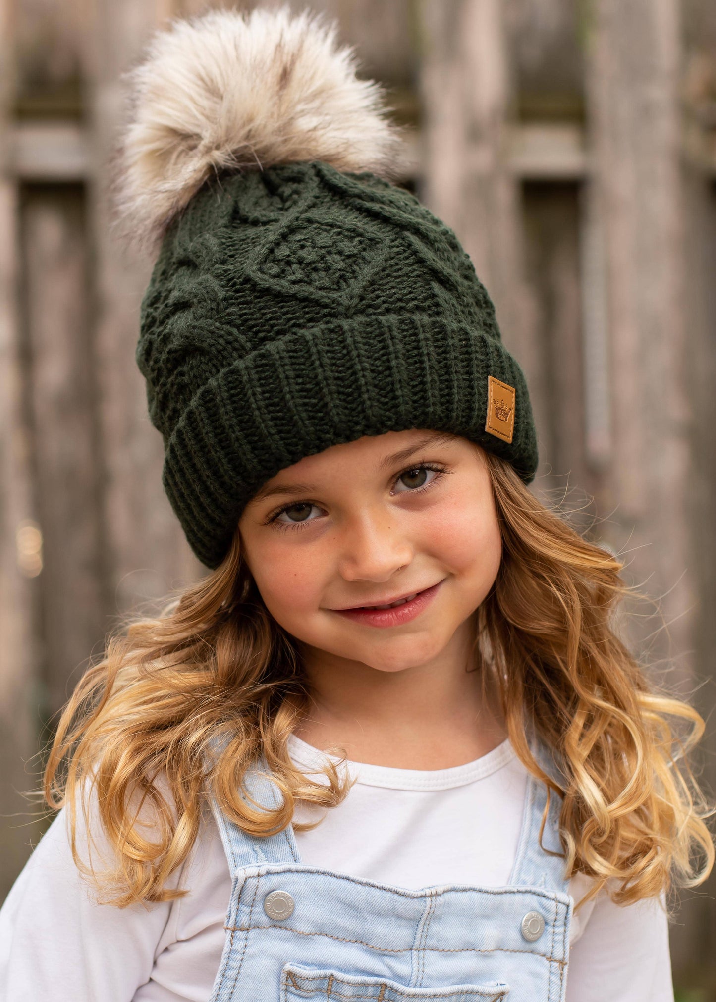 KIDS Green Cable Knit Pom Hat