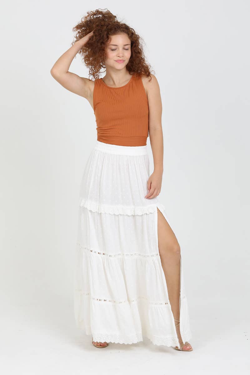 26P74-ASIS TIERED MAXI SKIRT WITH LACE TRIM AND SLIT