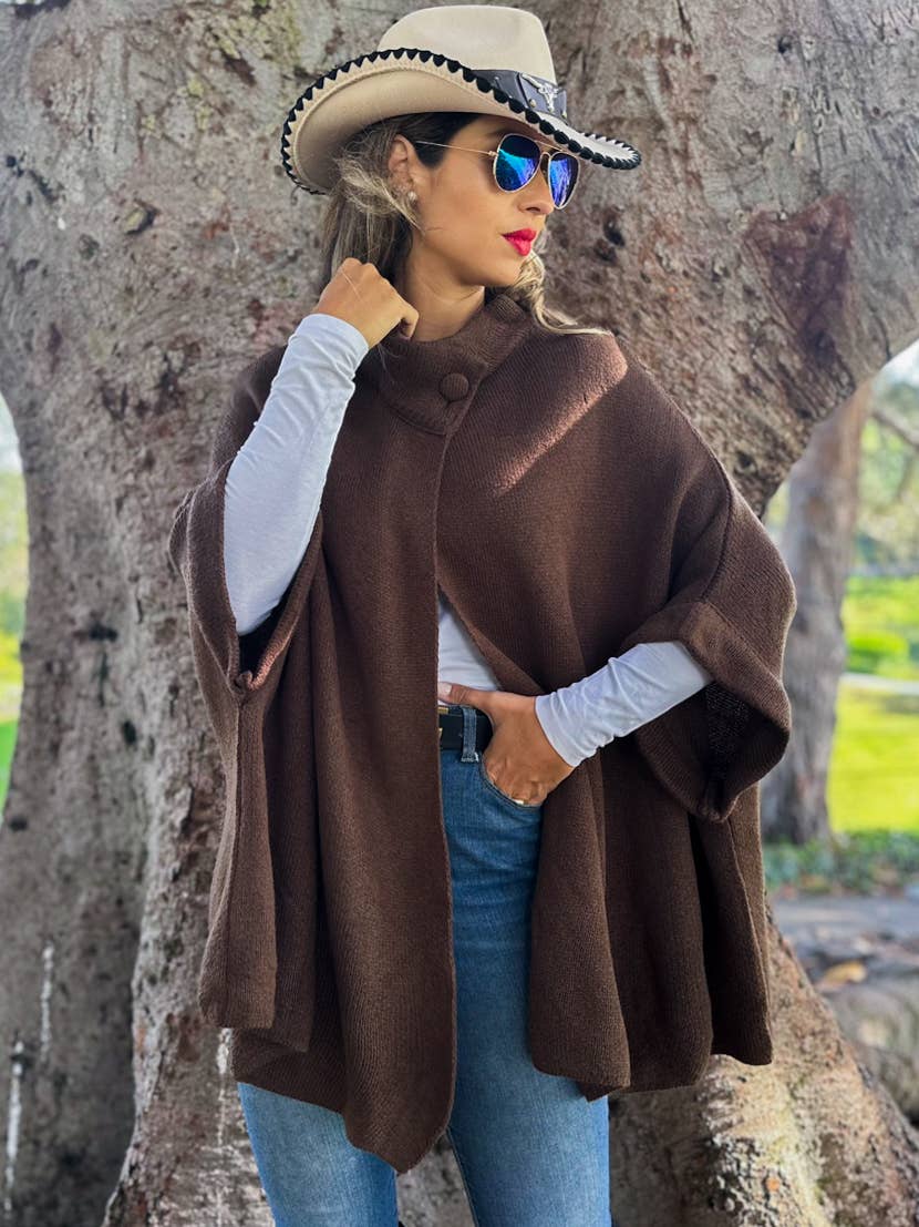 Button Neck Knit Cape Ruana Cardigan – Cozy Wrap