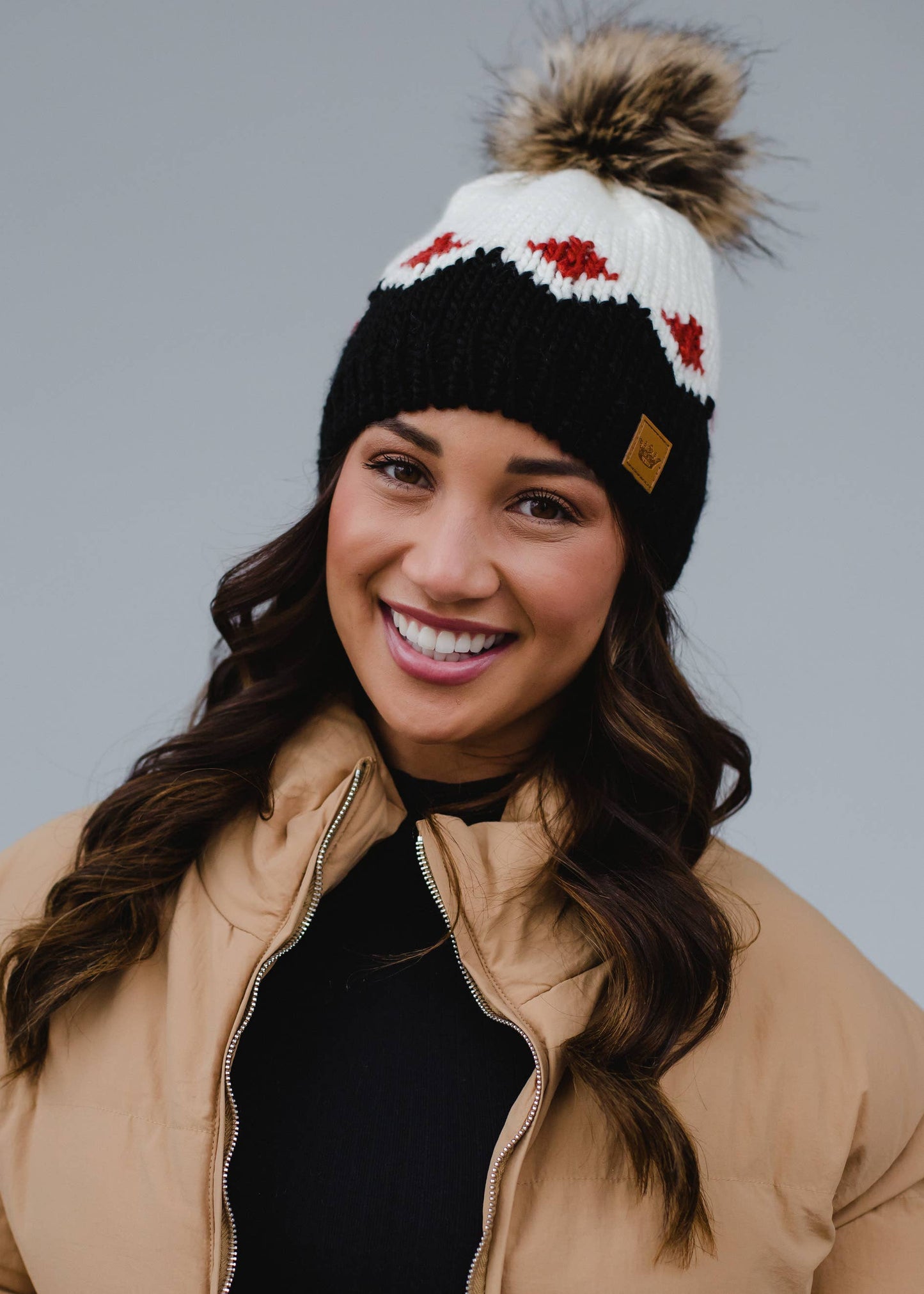 White, Rust & Black Patterned Pom Hat