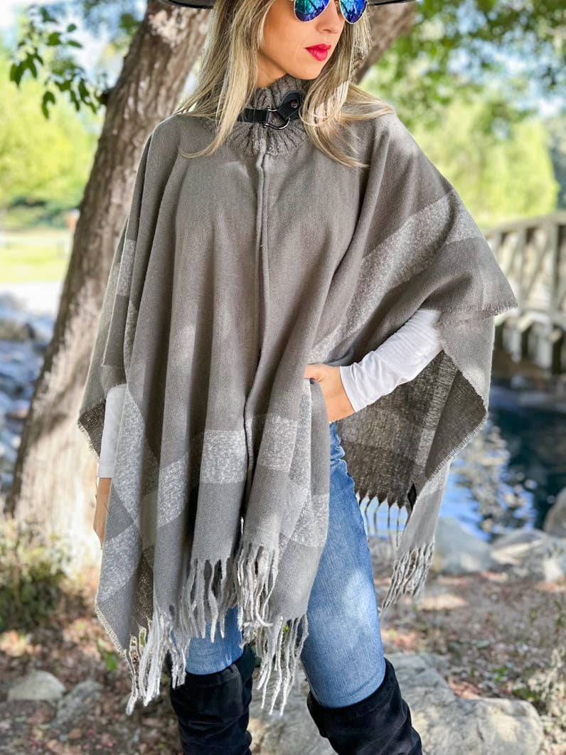 Grey Bold Border Knit Cape Poncho with Buckle Detail