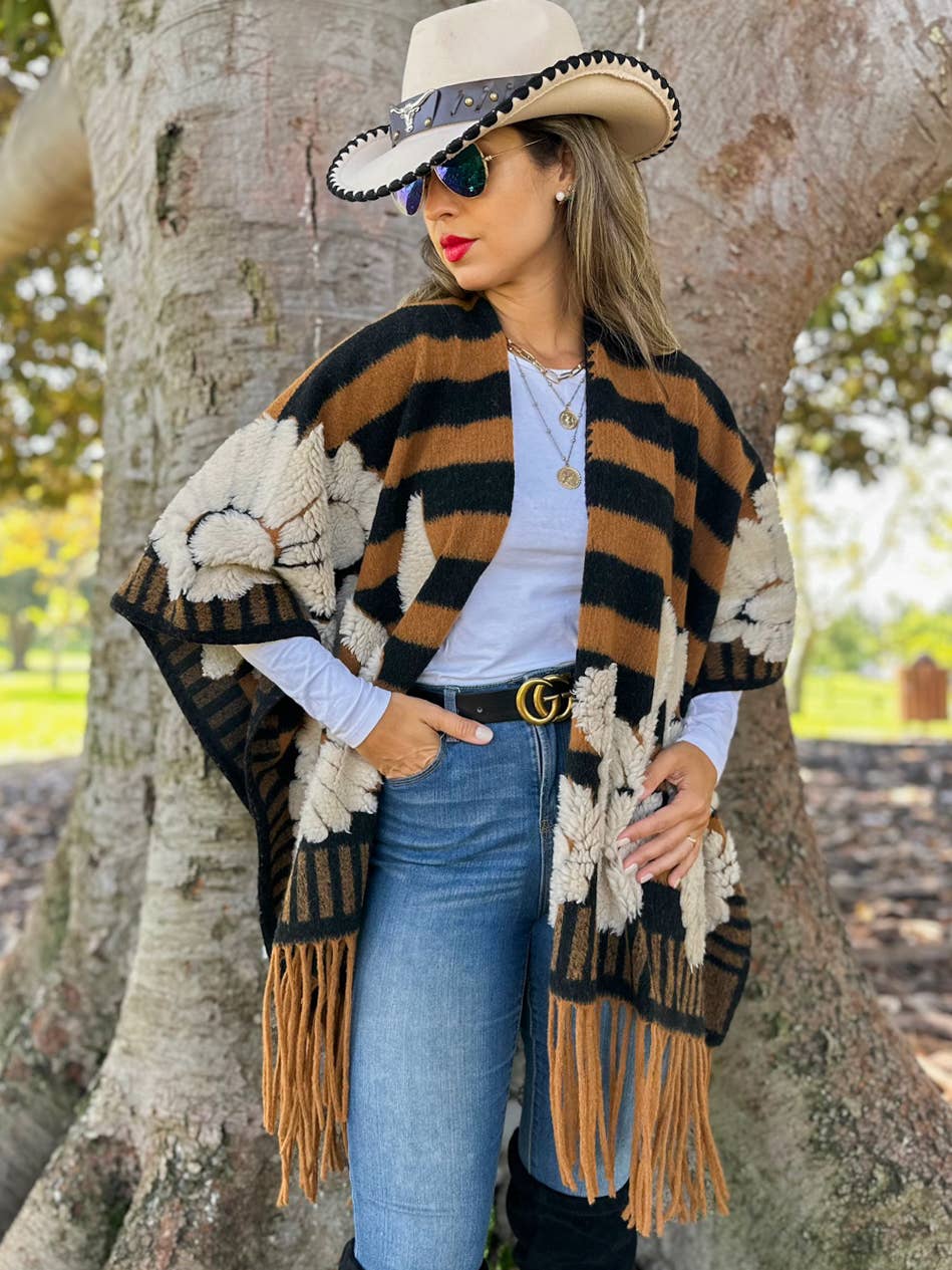 Brown Western Boho Fringe Ruana Cardigan